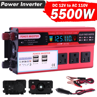 DC to AC Inverter 4000W 5500W 6500W 16000W Peak DC 12V to AC 110V High Power Car Inverter with USB Ports US Sockets Cooling Fan Overload Protection for RV Truck Outdoor Emergency
