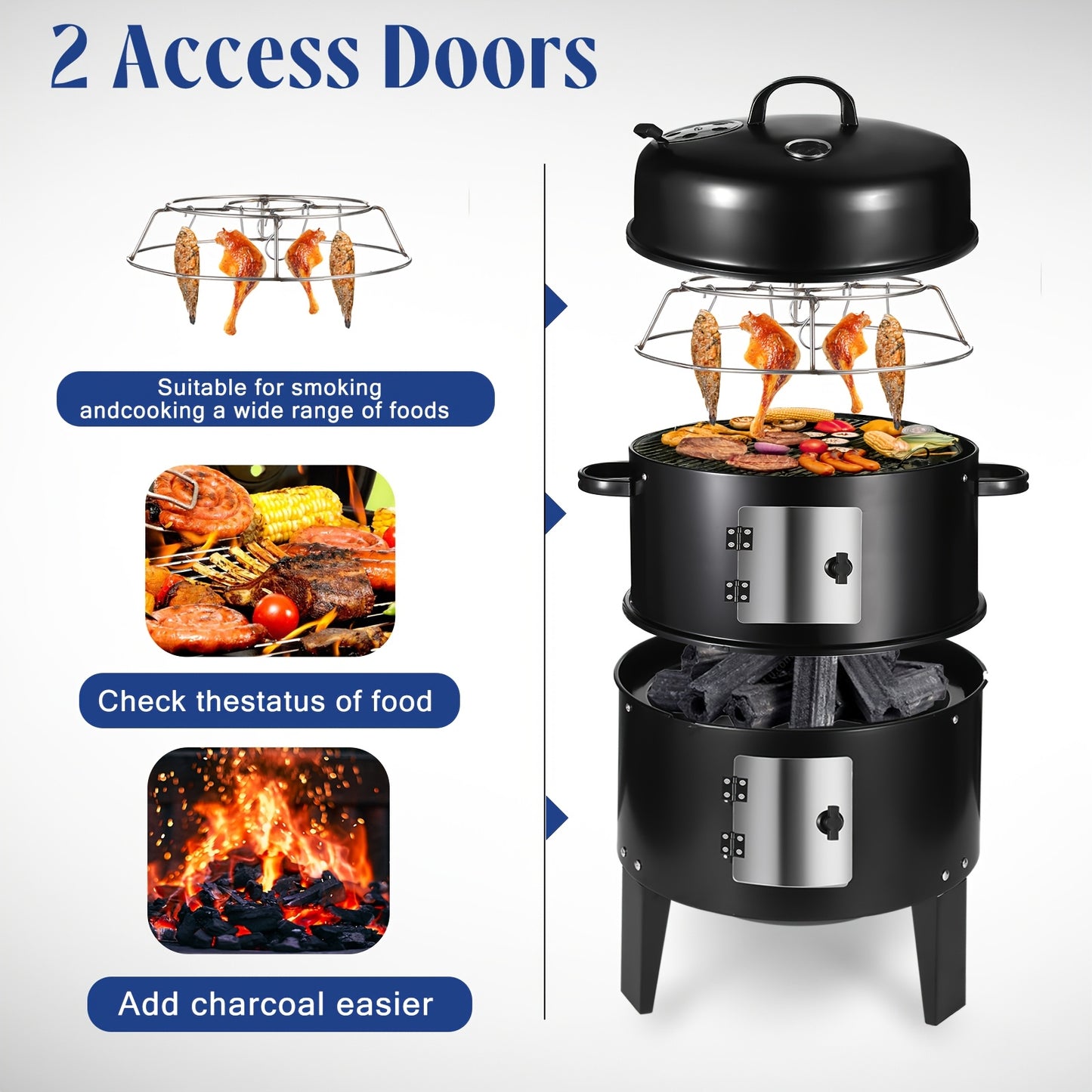 Charcoal Smoker Grill 3-in-1 Portable Outdoor BBQ with Built-in Thermometer, Adjustable Height & Spacious Cooking Grate for Camping Backyard Tailgate, Black