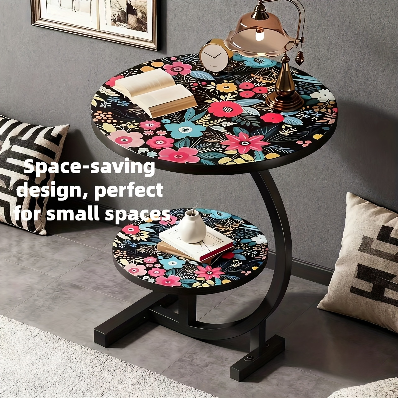 Small Round Side Table Sofa End Table Floral Mandala Desktop Accent Table for Living Room Bedroom Balcony Patio Outdoor Indoor Use