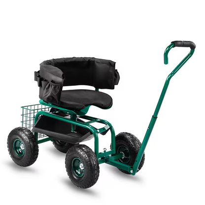 Rolling Garden Seat Cart | Backrest, Cushion, Telescopic Handle & Storage Basket, Steel Frame