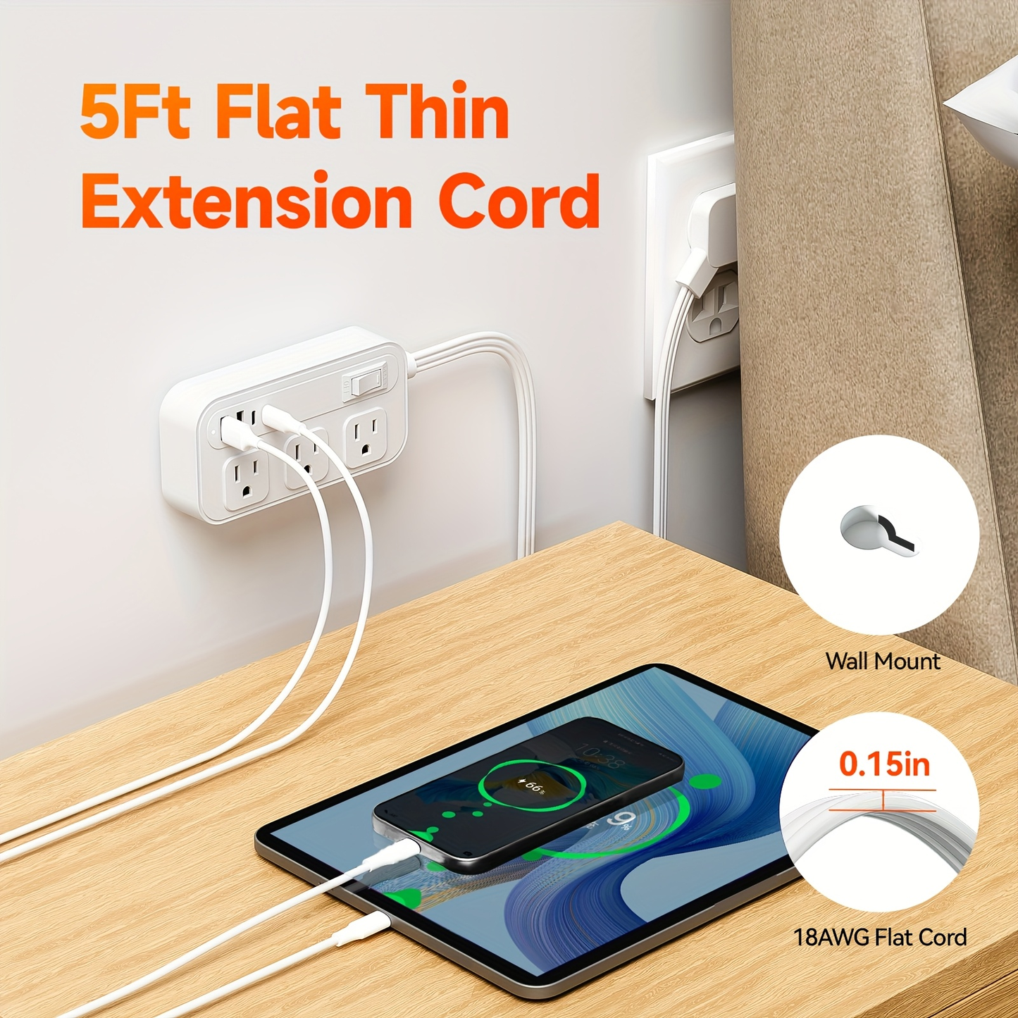 Power Strip Flat Plug Surge Protector with 6 AC Outlets 4 USB Ports 2 USB-C 2 USB-A 5ft Extension Cord Desk Charging Station for Home Dorm Office Travel
