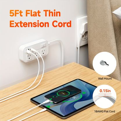 Power Strip Flat Plug Surge Protector with 6 AC Outlets 4 USB Ports 2 USB-C 2 USB-A 5ft Extension Cord Desk Charging Station for Home Dorm Office Travel