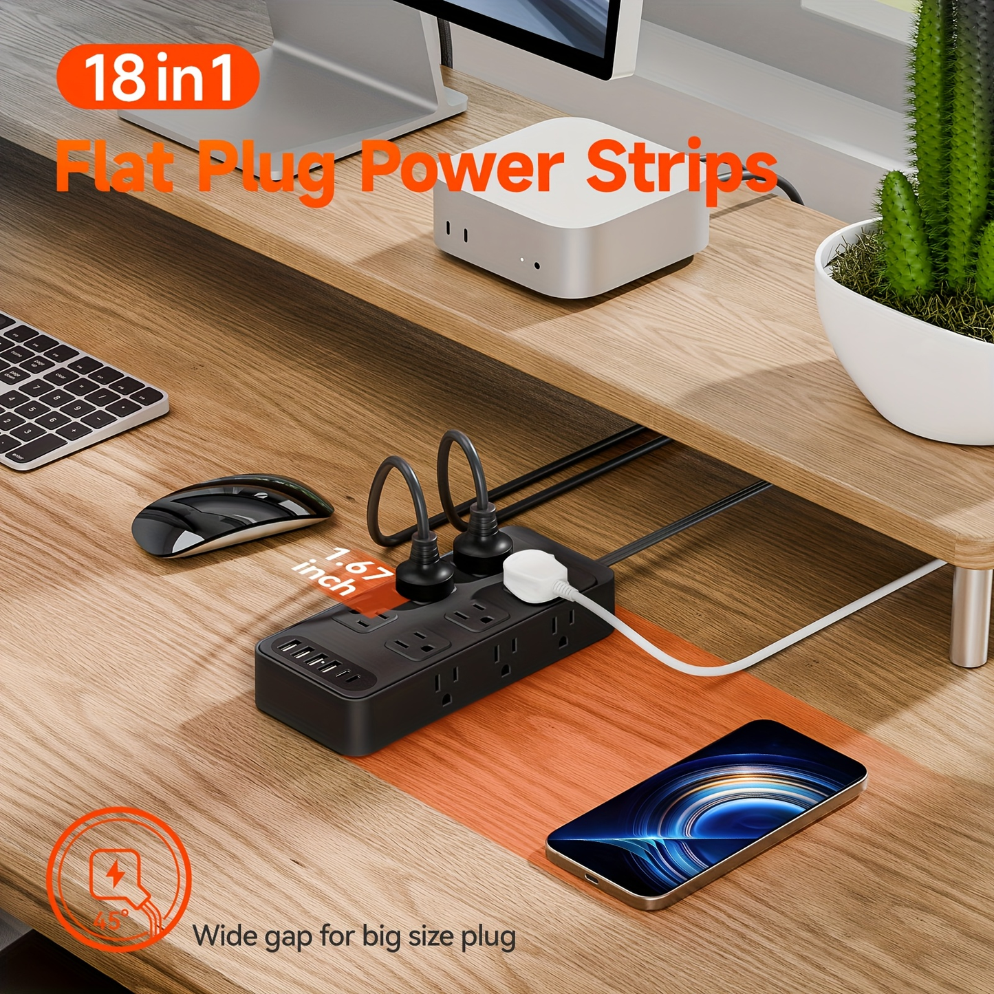 Charging Station 18-in-1 Power Strip Surge Protector 12 AC Outlets 6 USB Ports 4 USB-A 2 USB-C Flat Plug Wide Spacing Wall Mount for Home Dorm Office Travel