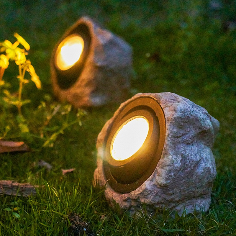 Solar Rock Lights Outdoor Set of 2 IP44 Waterproof LED Warm White Fake Stone Garden Lights Auto Sensor for Lawn Pathway Park Villa Wedding Decor