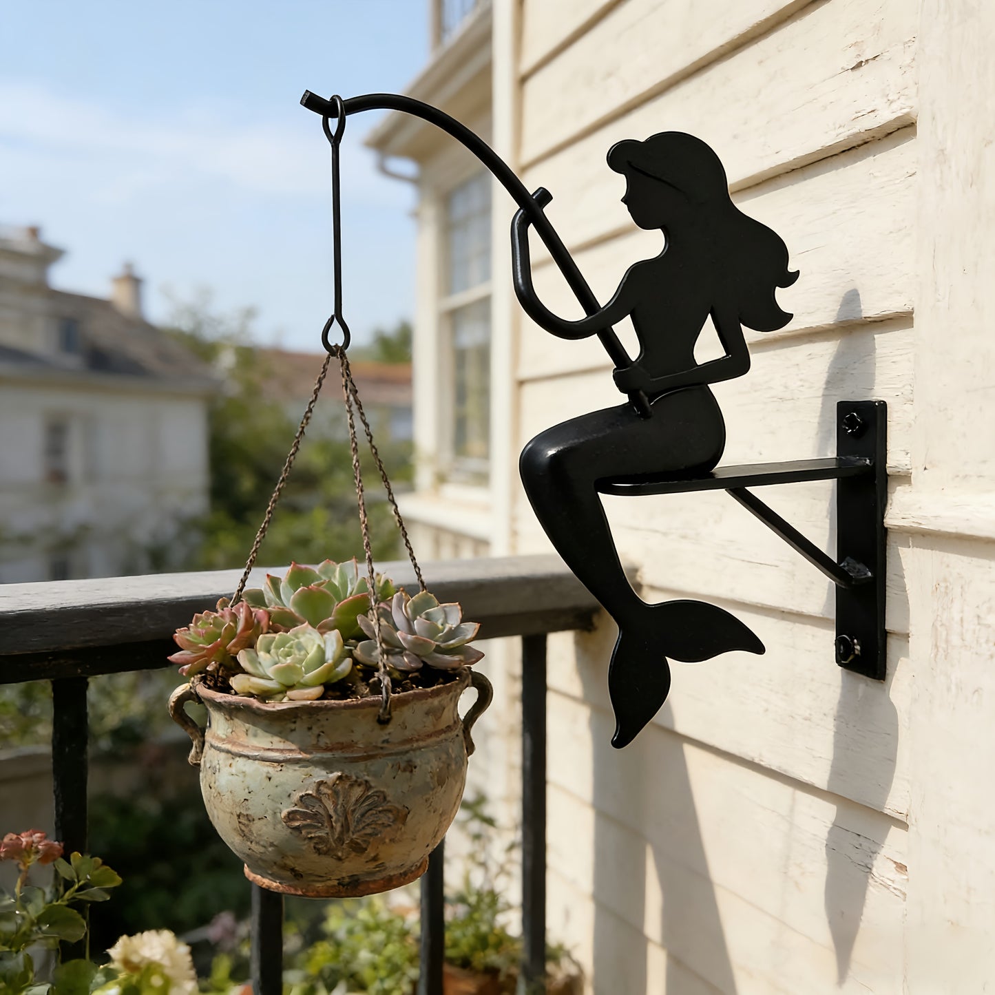 Wall Planter Hanging Iron Art Mermaid Flower Pot Holder for Balcony Vertical Garden - Creative Fisherman Theme Indoor Outdoor Plant Stand Shelf, Boho Wall Decor