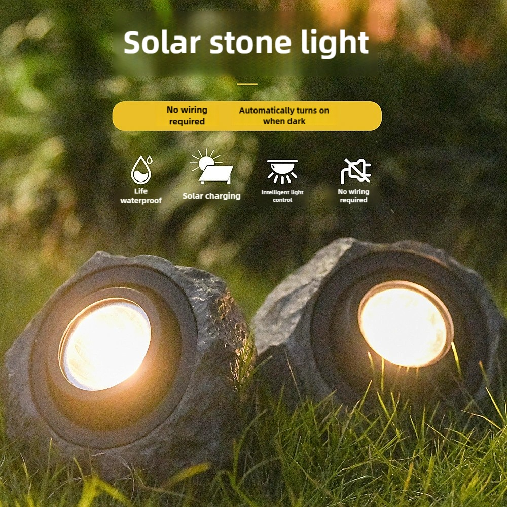Solar Rock Lights Outdoor Set of 2 IP44 Waterproof LED Warm White Fake Stone Garden Lights Auto Sensor for Lawn Pathway Park Villa Wedding Decor
