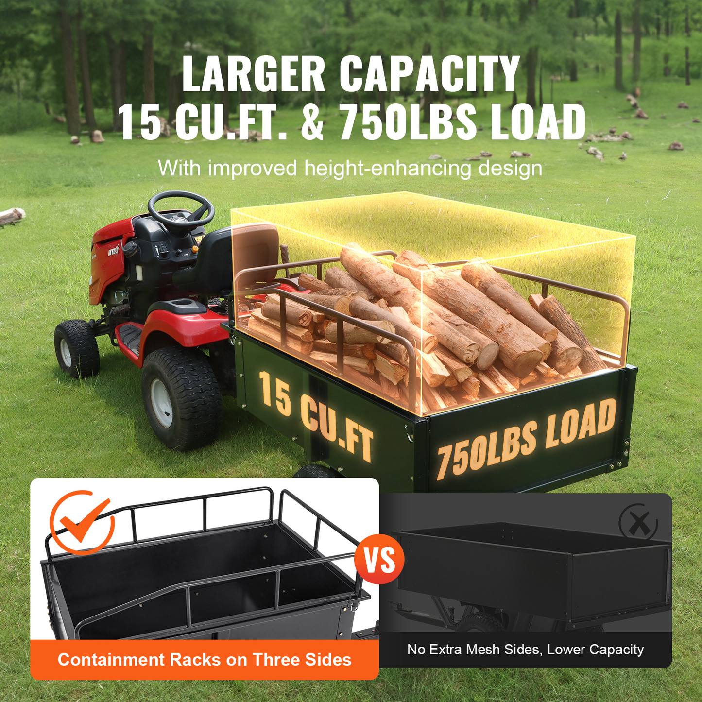 Tow Behind Dump Cart ATV Trailer 750-1500 lbs, Heavy Duty Steel Garden Dump Trailer 12-15 Cu Ft with Removable Sides & Pneumatic Tires for Mowers, Tractors, UTV