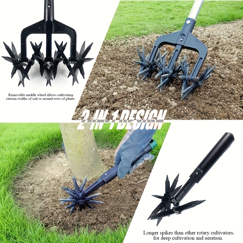 Grass Scarifier & Rotary Tiller Soil Loosening Tool - Manual Garden Aerator for Lawn Scarifying, Soil Turning, Thatch Removal & Land Aeration in Backyard, Garden Beds & Grassland