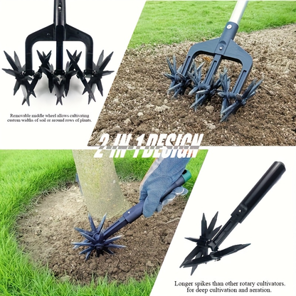 Grass Scarifier & Rotary Tiller Soil Loosening Tool - Manual Garden Aerator for Lawn Scarifying, Soil Turning, Thatch Removal & Land Aeration in Backyard, Garden Beds & Grassland