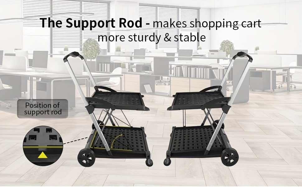 Folding Shopping Cart with 2-Layer Storage Crate | Heavy Duty Collapsible Utility Cart for Groceries, Warehouse & Supermarket | Black