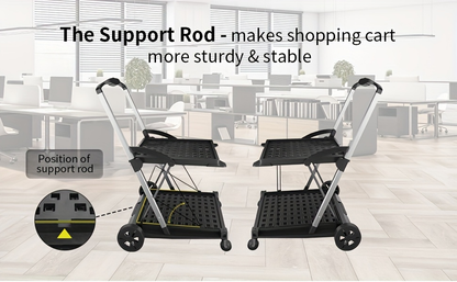 Folding Shopping Cart with 2-Layer Storage Crate | Heavy Duty Collapsible Utility Cart for Groceries, Warehouse & Supermarket | Black