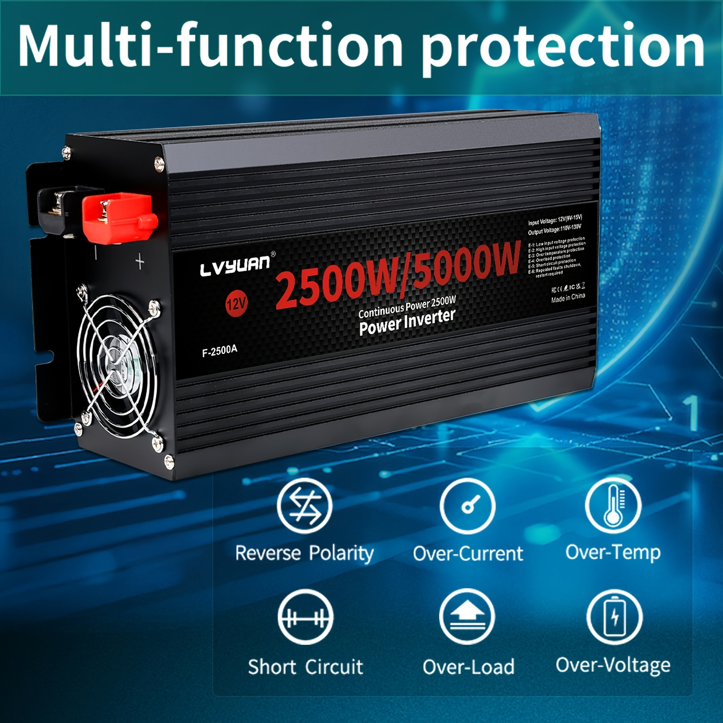 Power Inverter 500W / 2500W 12V DC to 110V AC - 3 AC Outlets & Dual USB Ports, LED Display, Car Inverter for Boat, Vehicle, RV, Truck & Camping Off-Grid Power