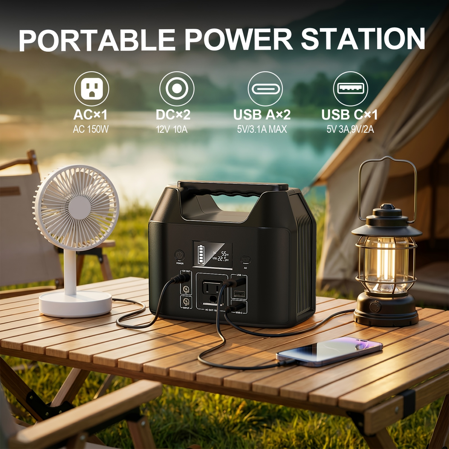 Battery Generator Portable Power Station 150W & 650W 576Wh | AC Outlet, Solar Input, LED Light, Power Bank for Camping, RV, Emergency, Home Backup, Travel