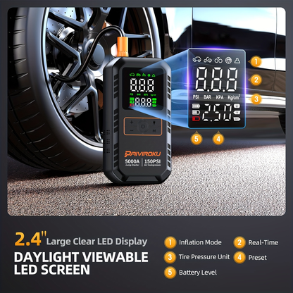 Portable Jump Starter 5000A 7-in-1 with Air Compressor 150PSI, Battery Booster for Car 7.0L Gas/6.0L Diesel, QC3.0 Power Bank, LCD Display & LED Emergency Light