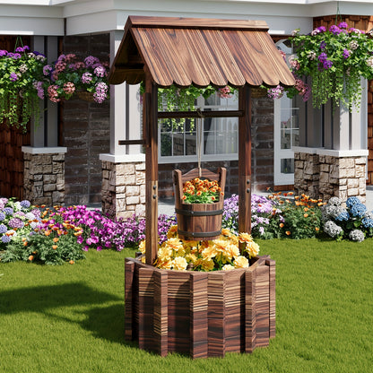 Wishing Well Planter Outdoor Wooden Rustic Garden Decor with Hanging Bucket Barrel Style for Patio Lawn Yard