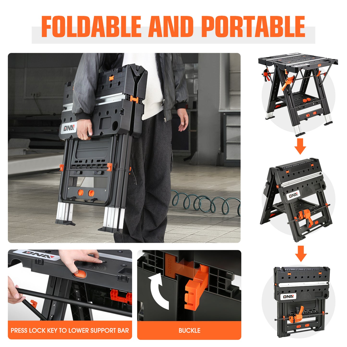 Portable Workbench 2-in-1 Folding Work Table & Sawhorse, 31"x25" Heavy-Duty Foldable Workbench with Clamps, Connecting Blocks & Tool Tray for Woodworking