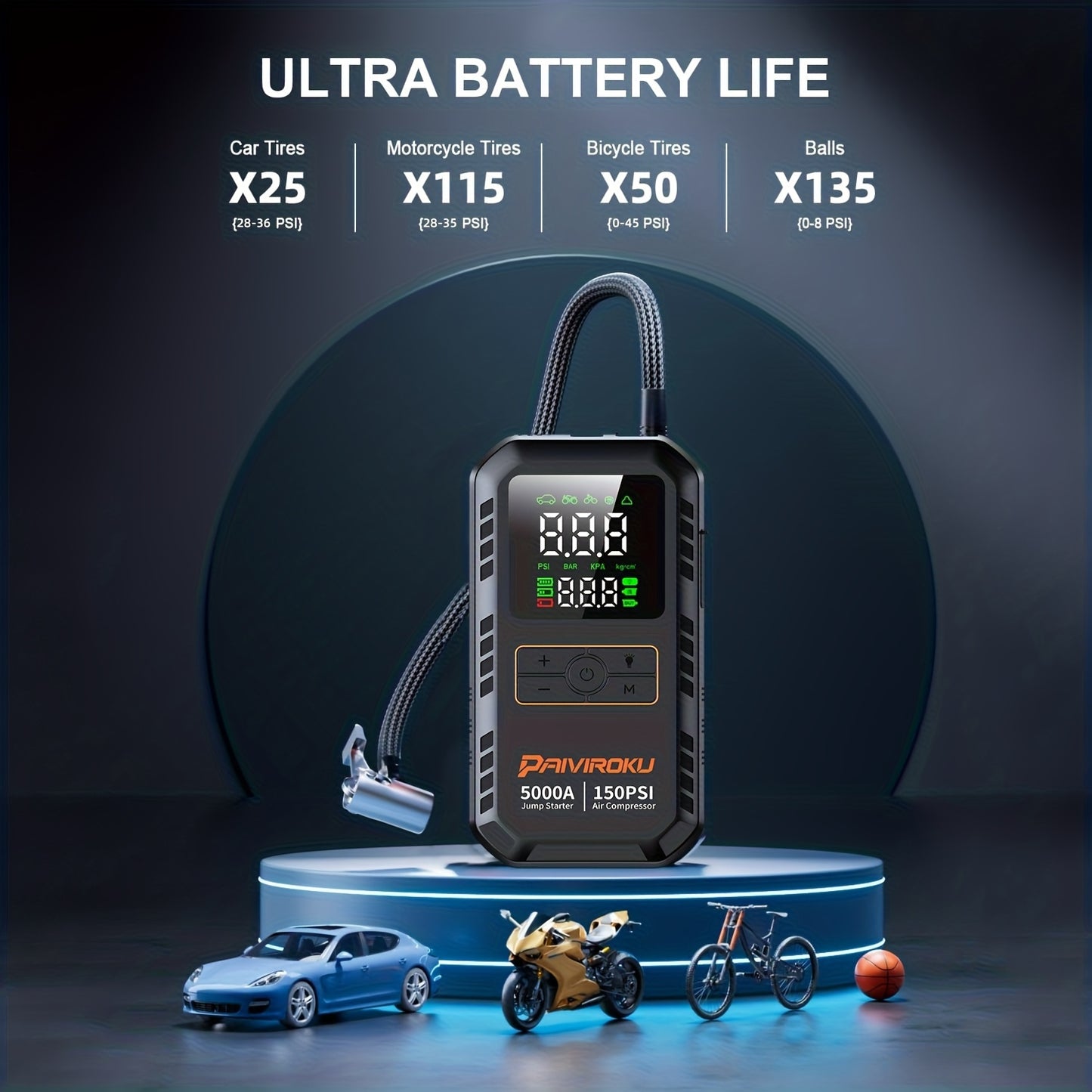 Portable Jump Starter 5000A 7-in-1 with Air Compressor 150PSI, Battery Booster for Car 7.0L Gas/6.0L Diesel, QC3.0 Power Bank, LCD Display & LED Emergency Light