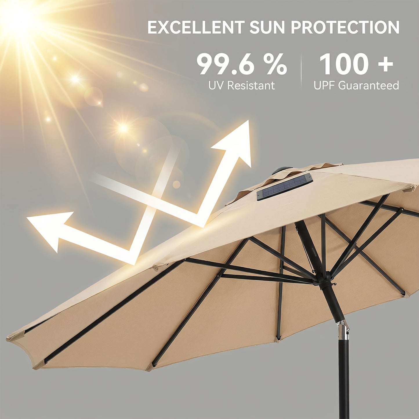 Patio Umbrella 9ft Solar LED Lighted with Base, 32 LED Market Umbrella with Ventilation, Push Button Tilt & Crank, Outdoor Table Umbrella for Garden, Deck, Backyard & Pool