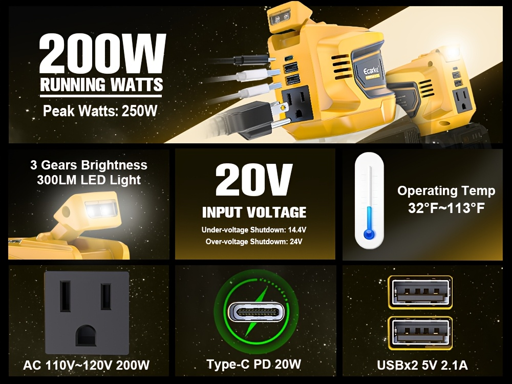 Battery Inverter for Dewalt 20V & 18V - 200W/350W/550W DC to AC 110V, USB, Type-C & AC Outlet, LED Work Light, Portable Power Supply for Camping, Outdoor & Emergency (Bare Tool)