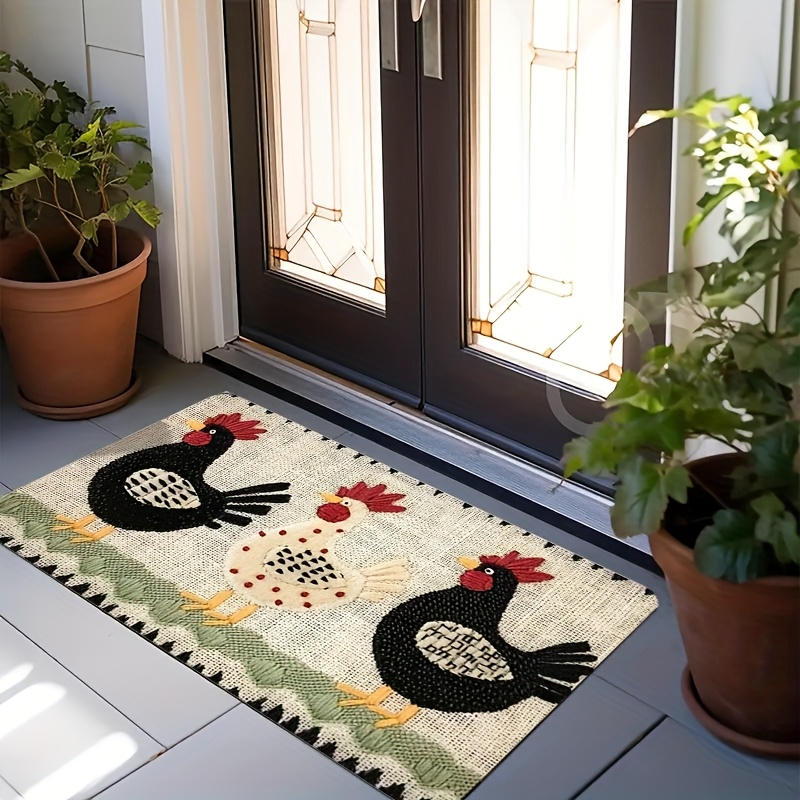 Rooster Embroidered Door Mat Indoor Outdoor Non-Woven Washable Rug for Entryway Bathroom Kitchen Porch Plaid Stripe Pattern