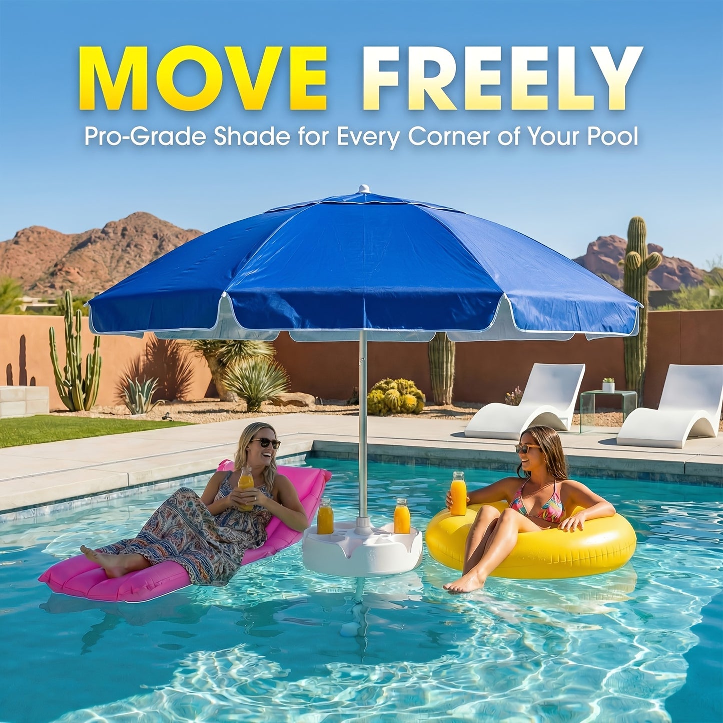 Pool Umbrella 7ft Floating for In-Pool Use, Portable Sun Shade with Base, Cup Holder & Carry Bag, UV Protection Sun Shelter for Swimming Pool, Beach & Lake, Blue
