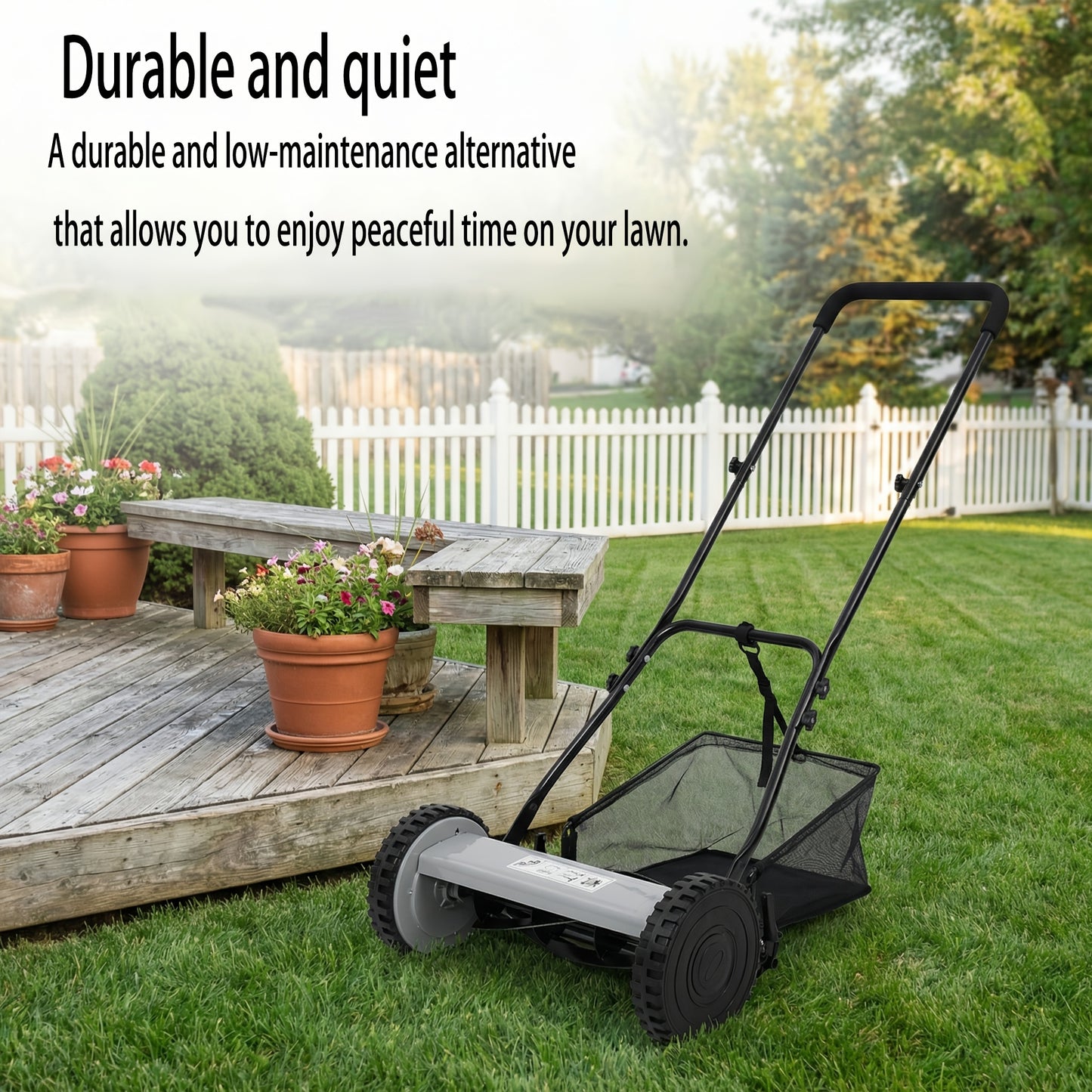 Reel Lawn Mower 14-Inch 5-Blade Manual Push with Grass Catcher, Adjustable Height 0.6"-1.8", Quiet No-Gas Walk-Behind Mower for Small Yards, 13.6 lbs Lightweight