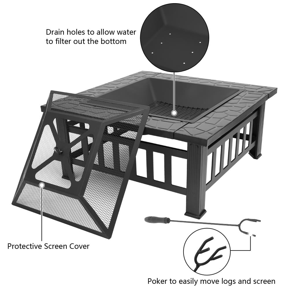Fire Pit | Square Outdoor Metal BBQ Patio Backyard Camping Fireplace