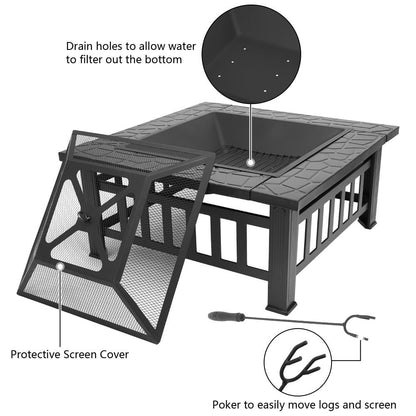Fire Pit | Square Outdoor Metal BBQ Patio Backyard Camping Fireplace