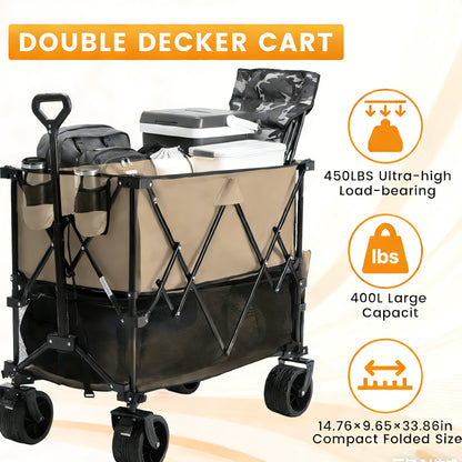 Folding Wagon Cart Double Decker 400L Collapsible Heavy Duty Outdoor Utility Cart 440LBS 54in Extended Shelf All-Terrain Wheels
