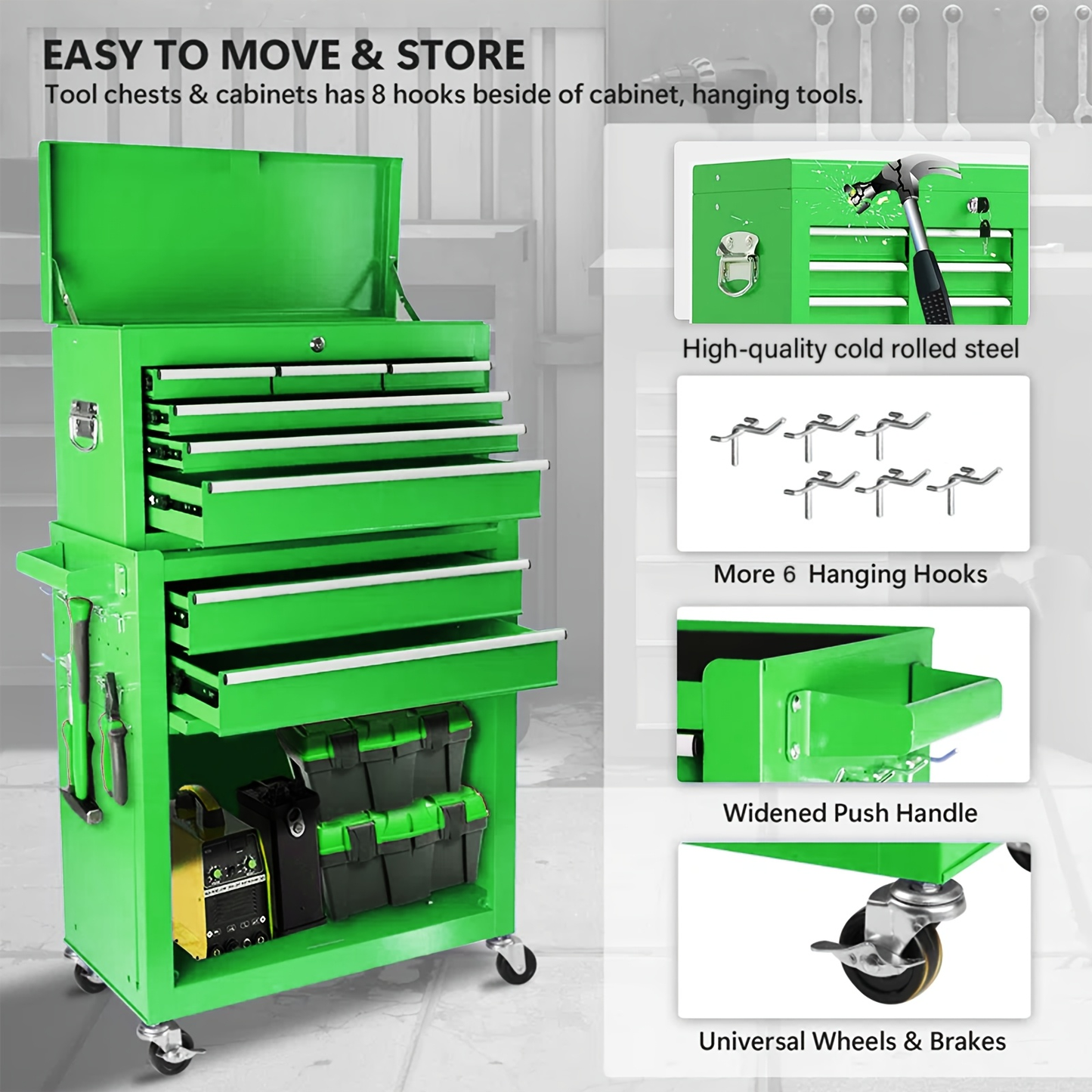 Rolling Tool Chest 8-Drawer Alloy Steel 2-in-1 Mobile Workbench Detachable Top Lockable Wheels Garage Storage Cabinet Tool Organizer for Workshop Home