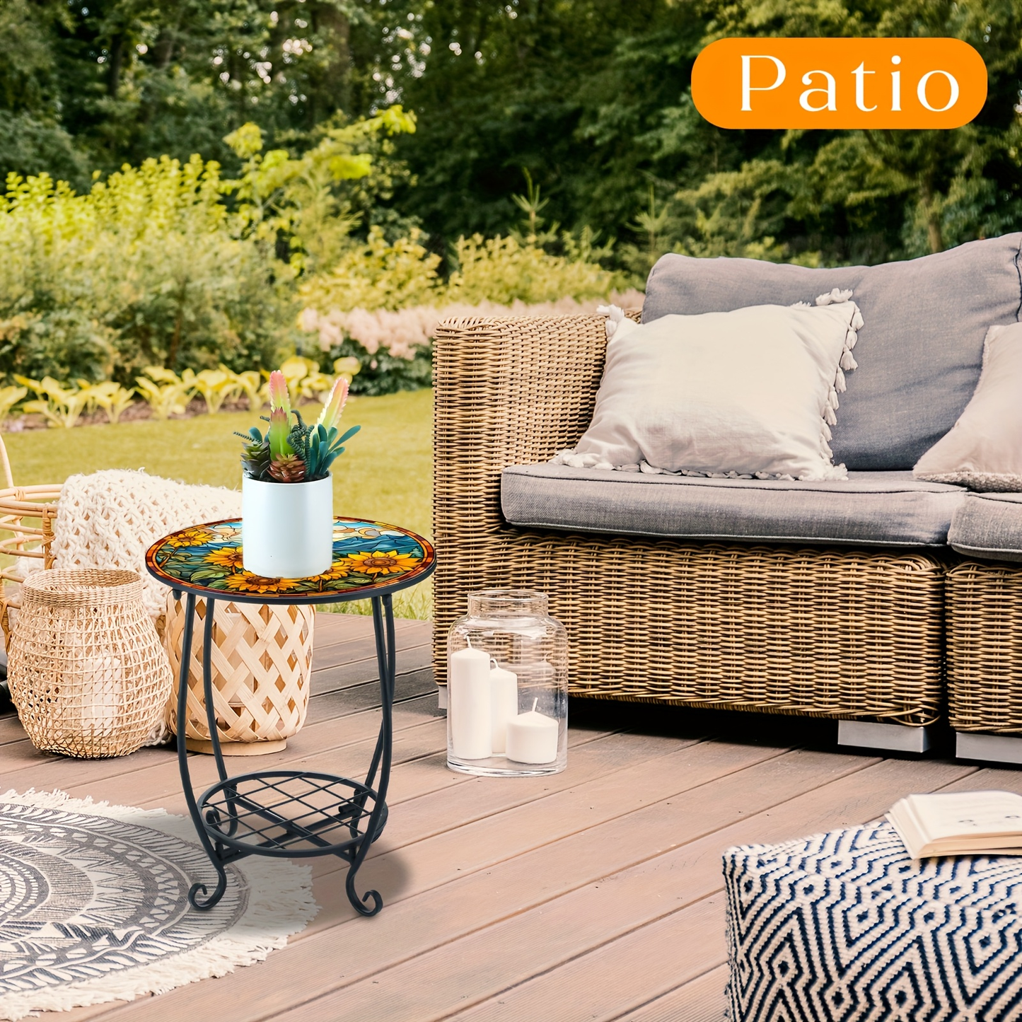 Mosaic Side Table Outdoor Round Patio Accent Table 14 Inch Sunflower Metal End Table for Garden Yard Porch Living Room Bedroom Indoor Outdoor Coffee Table