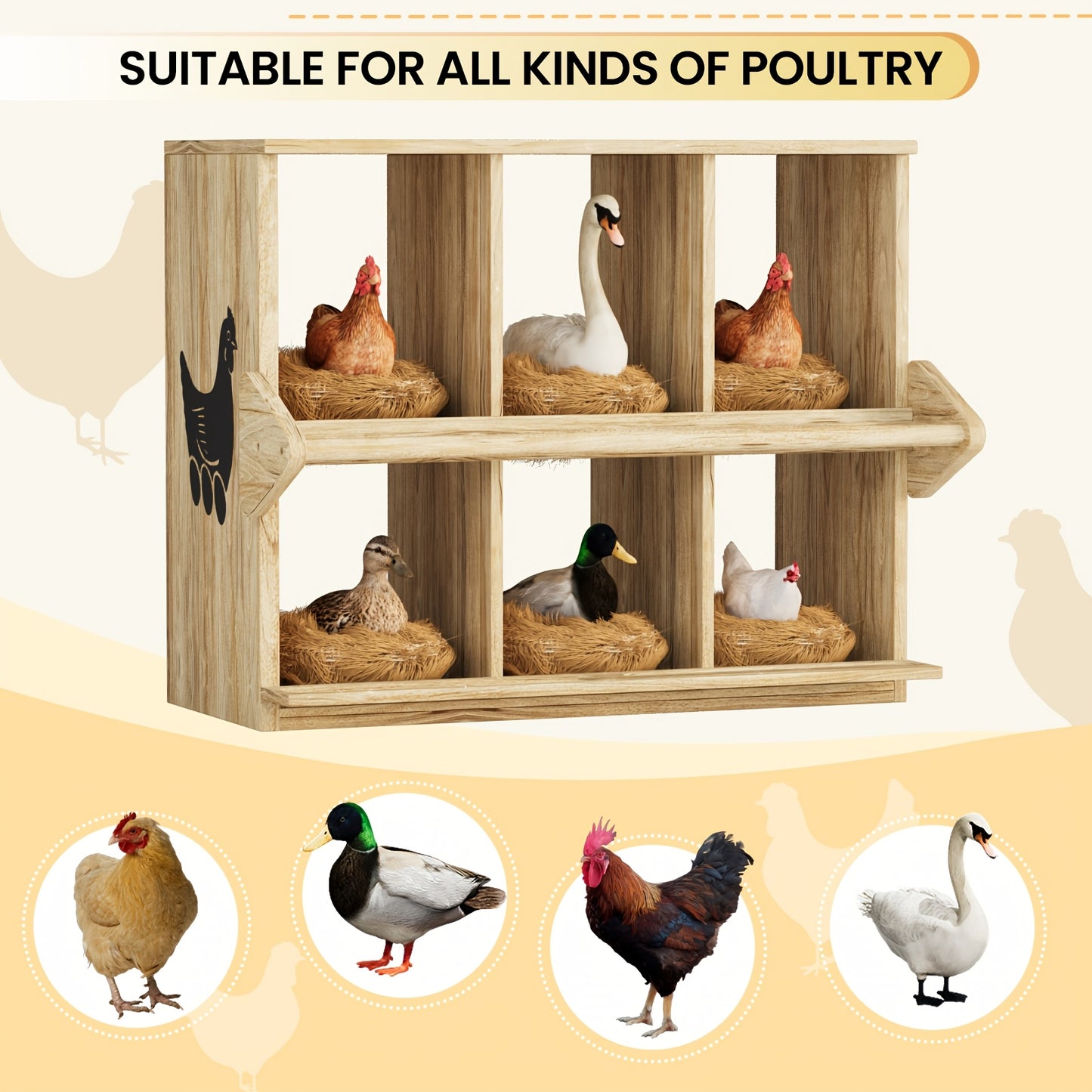 Chicken Nesting Box 6 Compartment Wooden Hen House with Perches - Floor Stand & Wall Mount Options, Durable Poultry Nesting Box for Small & Medium Chickens