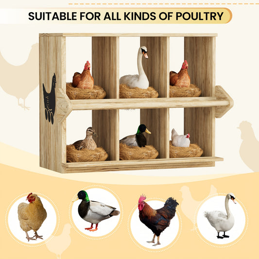 Chicken Nesting Box 6 Compartment Wooden Hen House with Perches - Floor Stand & Wall Mount Options, Durable Poultry Nesting Box for Small & Medium Chickens