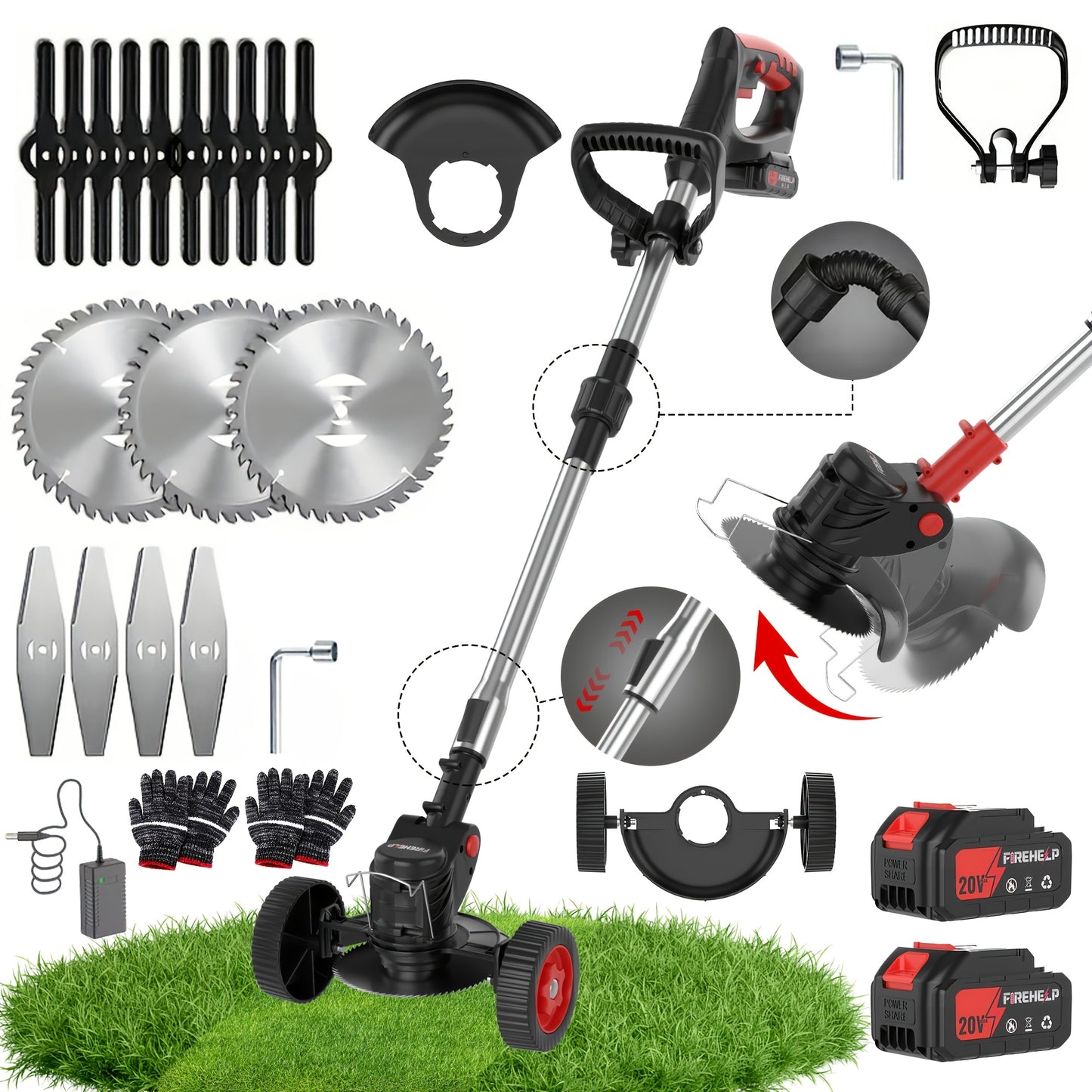 Cordless Lawn Mower 3-in-1 Electric Trimmer Weed Eater Edger Bush Cutter 21V Dual Battery Adjustable Height Swivel Head Lightweight for Small Yards Patios Gardens