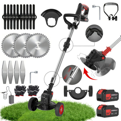 Cordless Lawn Mower 3-in-1 Electric Trimmer Weed Eater Edger Bush Cutter 21V Dual Battery Adjustable Height Swivel Head Lightweight for Small Yards Patios Gardens