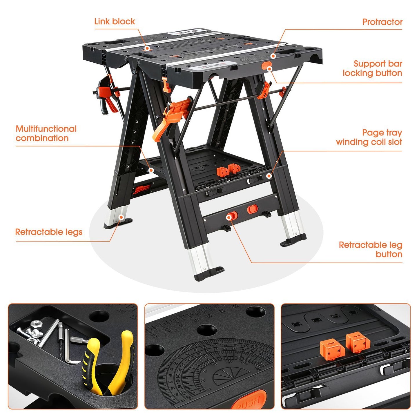Portable Workbench 2-in-1 Folding Work Table & Sawhorse, 31"x25" Heavy-Duty Foldable Workbench with Clamps, Connecting Blocks & Tool Tray for Woodworking