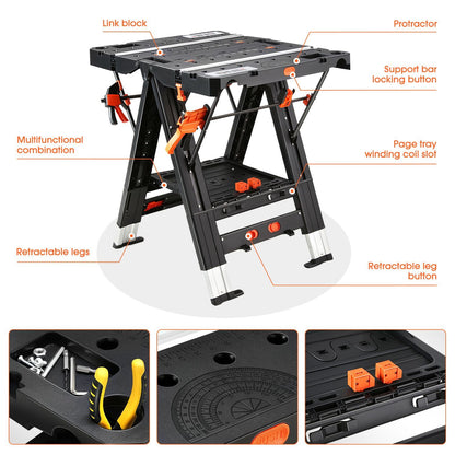 Portable Workbench 2-in-1 Folding Work Table & Sawhorse, 31"x25" Heavy-Duty Foldable Workbench with Clamps, Connecting Blocks & Tool Tray for Woodworking