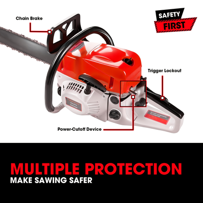 62CC Gas Chainsaw 20 Inch – 2-Stroke Engine, Anti-Vibration, Logging & Farm