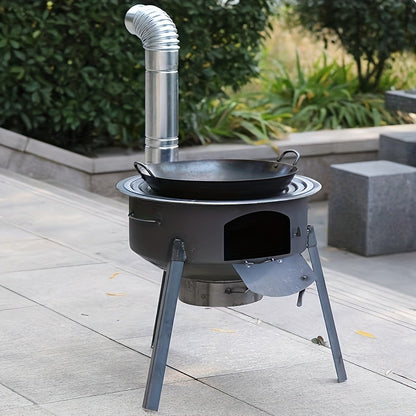 Outdoor Wood Stove with Chimney & Tripod, Heavy-Duty Metal Camping Stove for Backyard, Terrace & Campsite – Circular Design, Large Pot Compatible, 2 Sizes