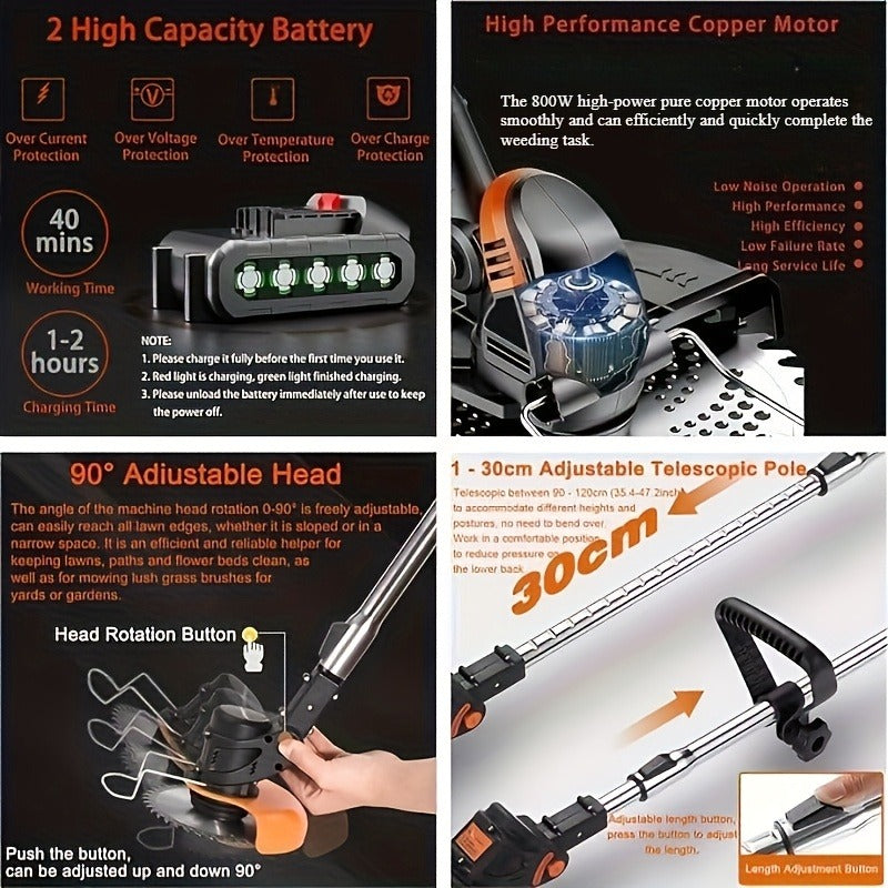 Cordless String Trimmer 24V 800W – Weed Wacker with 2 Batteries, Charger & 3 Blades, Adjustable Head, Brush Cutter & Lawn Edger