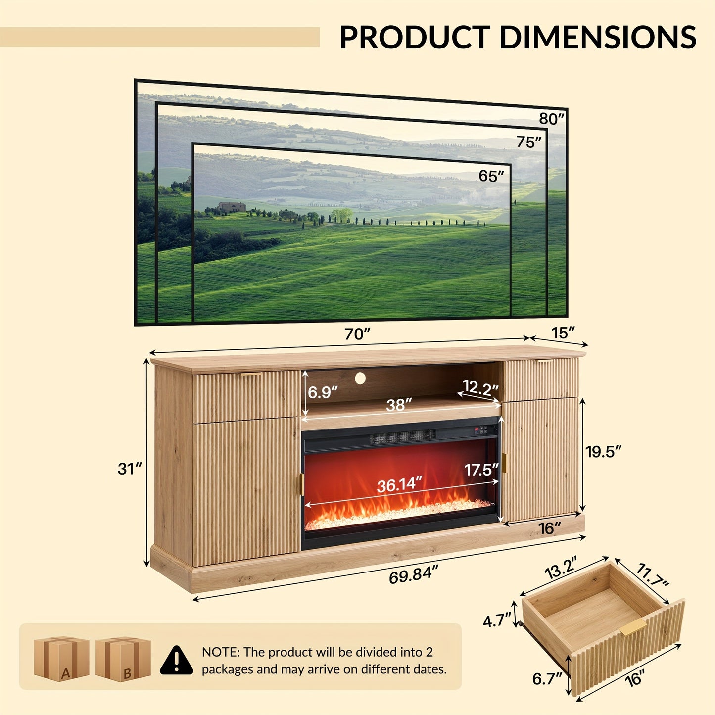Electric Fireplace TV Stand for TVs Up to 80 Inch – 36" LED Flame Fluted Entertainment Center for Living Room with Built-In Heater