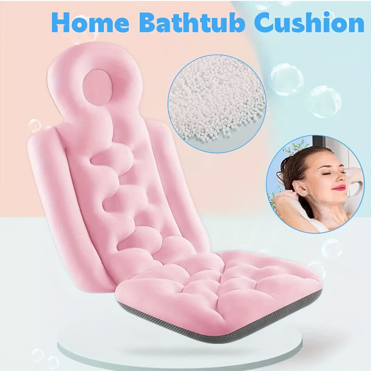 Bathtub Cushion Full Body Bath Mat Anti-Slip Ergonomic Pillow with Contoured Headrest Arm Support Neck Back Relief Quick-Dry Machine Washable Spa Bathroom Accessory