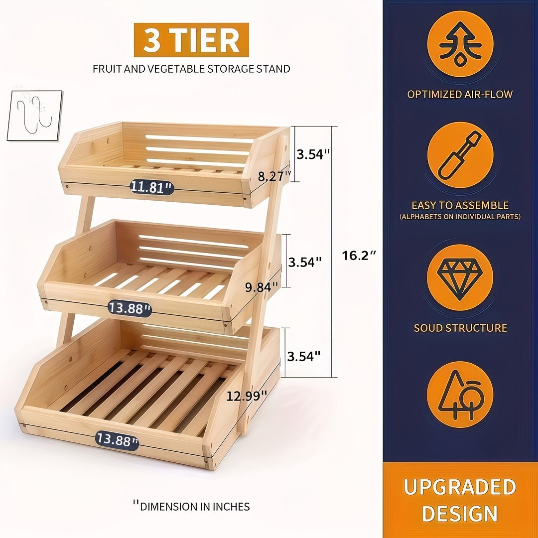 Fruit Basket Stand 2 & 3 Tier Wooden Countertop Organizer Large Capacity Kitchen Storage for Fruits Vegetables Bread Produce with Banana Hooks Natural Wood