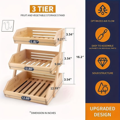 Fruit Basket Stand 2 & 3 Tier Wooden Countertop Organizer Large Capacity Kitchen Storage for Fruits Vegetables Bread Produce with Banana Hooks Natural Wood