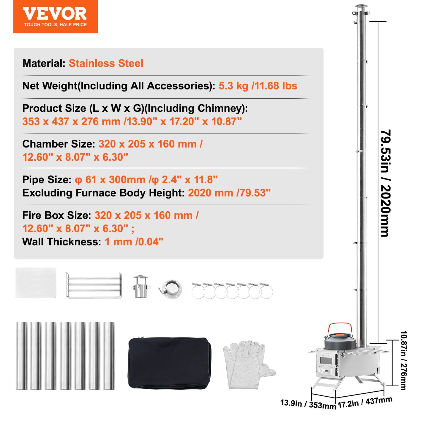 Wood Stove Camping Tent Stove 80 Inch Stainless Steel, 700in³ Firebox, 8 Accessories, BBQ Grill Plate, Chimney Pipes, Portable Outdoor Heating & Cooking, 11.71 lbs