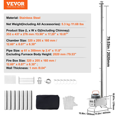 Wood Stove Camping Tent Stove 80 Inch Stainless Steel, 700in³ Firebox, 8 Accessories, BBQ Grill Plate, Chimney Pipes, Portable Outdoor Heating & Cooking, 11.71 lbs