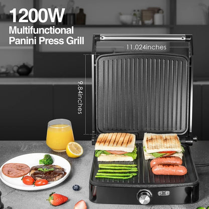 Panini Press Grill Indoor Sandwich Maker 4 Slice – Non-Stick 1200W Electric Grill with Temperature Control, 180° Opening, Removable Drip Tray | Countertop Steak & BBQ Grill