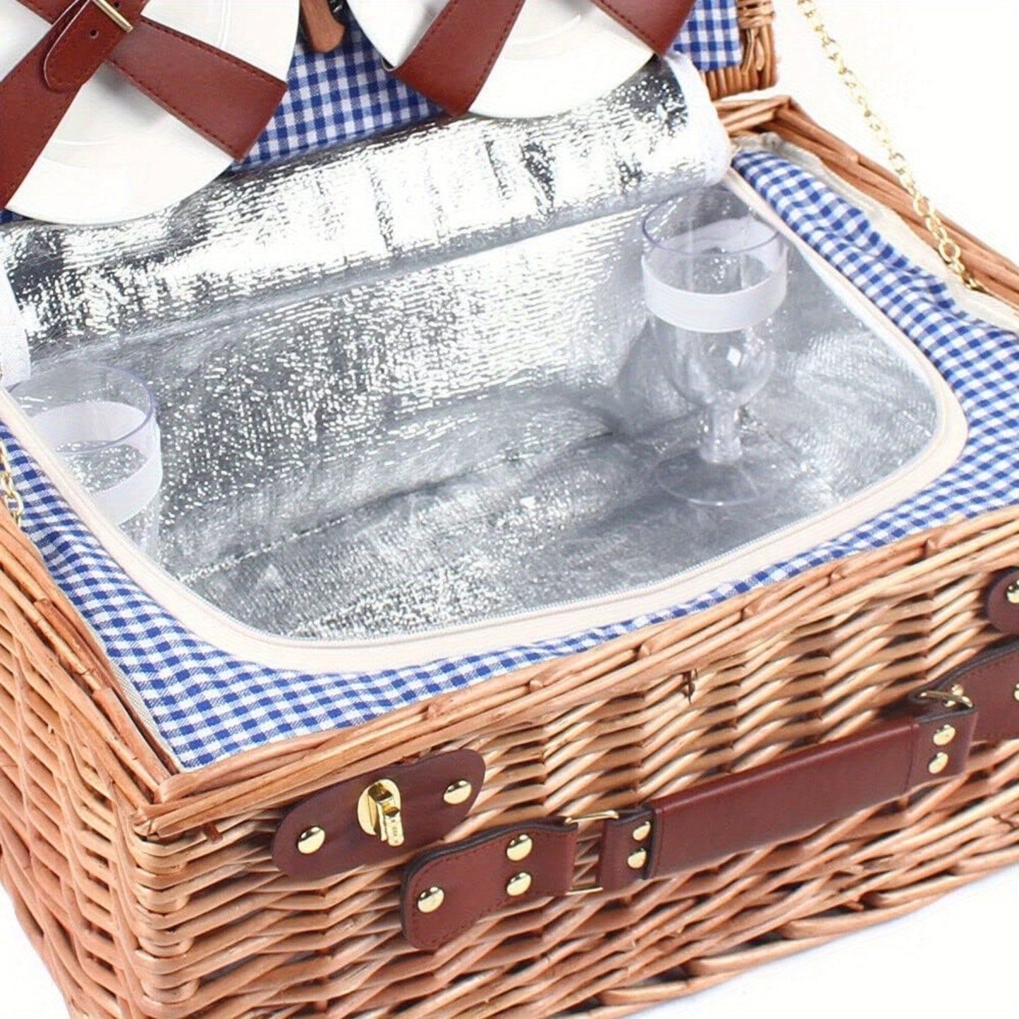 Wicker Picnic Basket for 4 with Insulated Cooler – Large Willow Hamper Set with Cutlery, Ceramic Plates, Wine Glasses for Camping, BBQ & Outdoor Gatherings