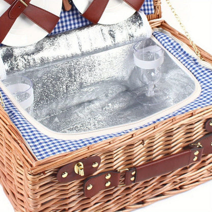Wicker Picnic Basket for 4 with Insulated Cooler – Large Willow Hamper Set with Cutlery, Ceramic Plates, Wine Glasses for Camping, BBQ & Outdoor Gatherings