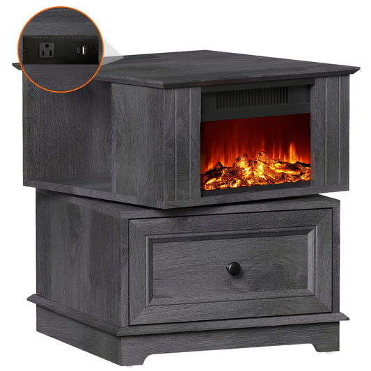 Electric Stove Heater End Table Rotatable Fireplace Side Table 1400W 4800 BTU Indoor Heater with Storage Cabinet Nightstand Overheat Protection